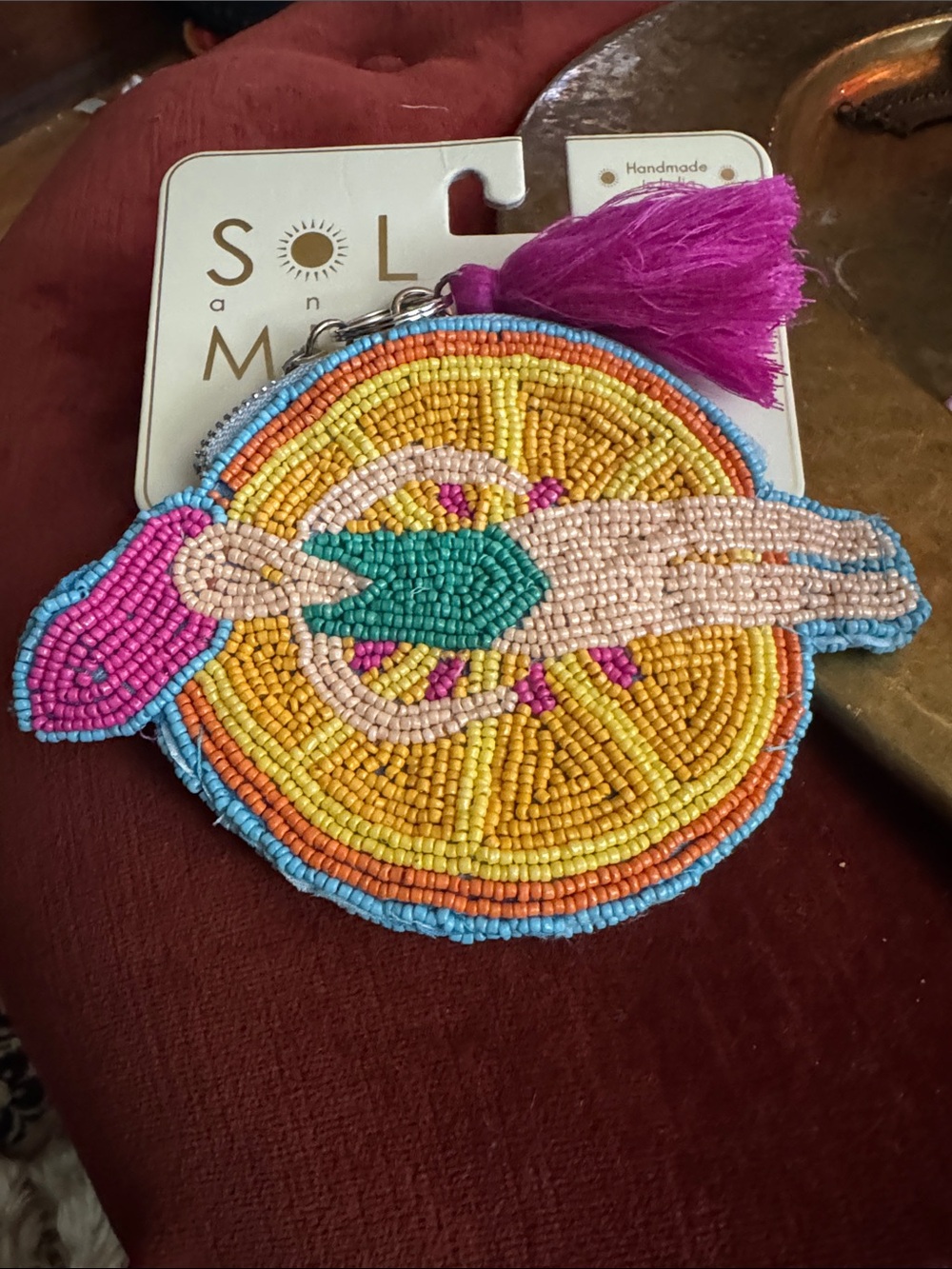 Sol & Maya Yellow Lemon Slice Beaded Key & Card Holder with Magenta Tassel